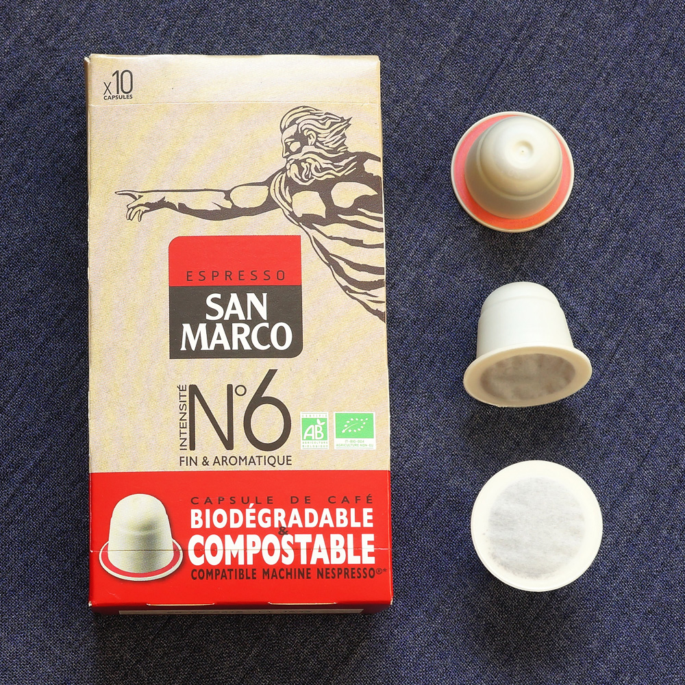 No. 6 by Espresso San Marco - biodegradable coffee capsules with the box on a dark background