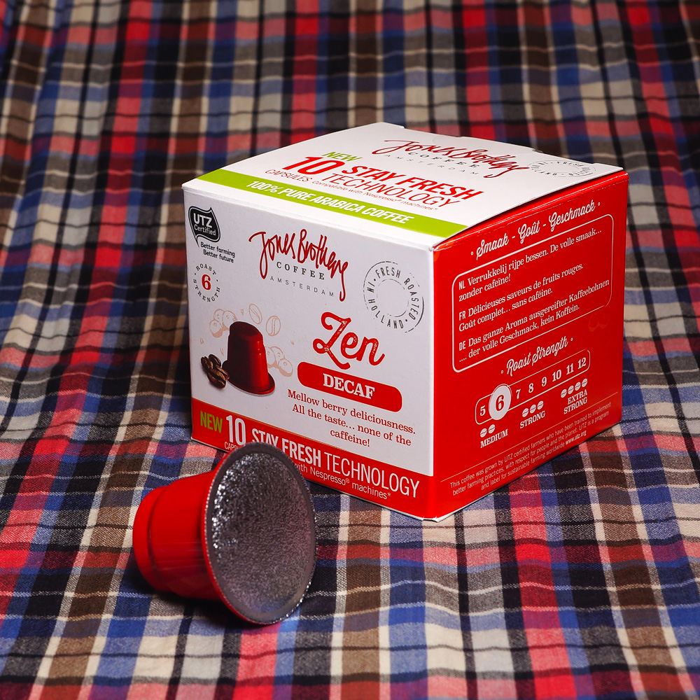 Zen by Jones Brothers coffee capsule box with a red capsule in the front